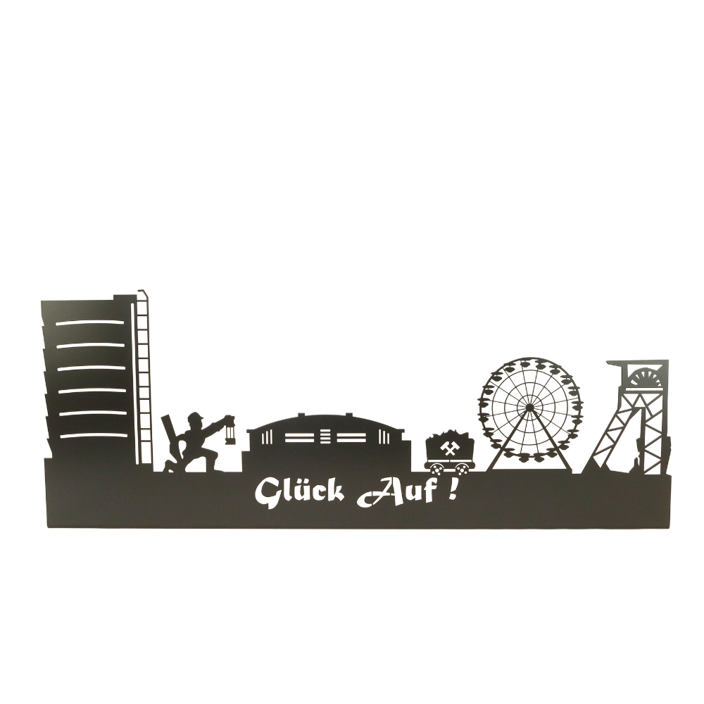 Aus Stahl gefertigt und in schwarz matt pulverbeschichtet. Zum Aufhängen an die Wand. Die Skyline Glück auf beinhaltet den Gasometer, das Stadion von Schalke sowie den Förderturm. Einen Bergmann und eine Lore als Motive.