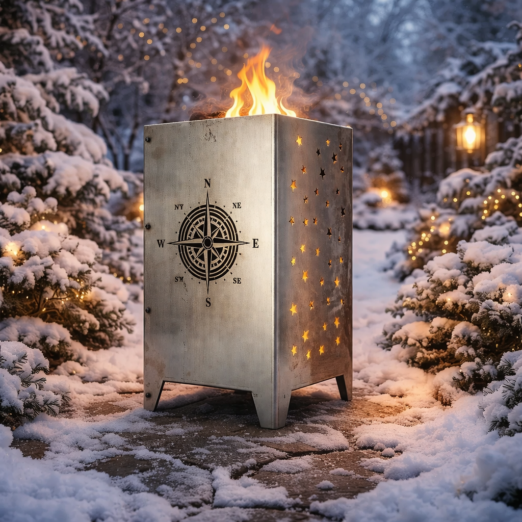 Handgefertigte Made of Steel Oberhausen Feuersäule als winterliche Gartendeko für lange Winterabende.