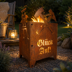 Feuersäule Glück Auf aus Stahl mit überstehenden Bergbau-Motiven mit Feuer im Garten
