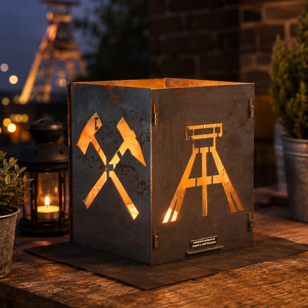 Windlicht Eisen und Schlägel dekoriert Gartentisch
