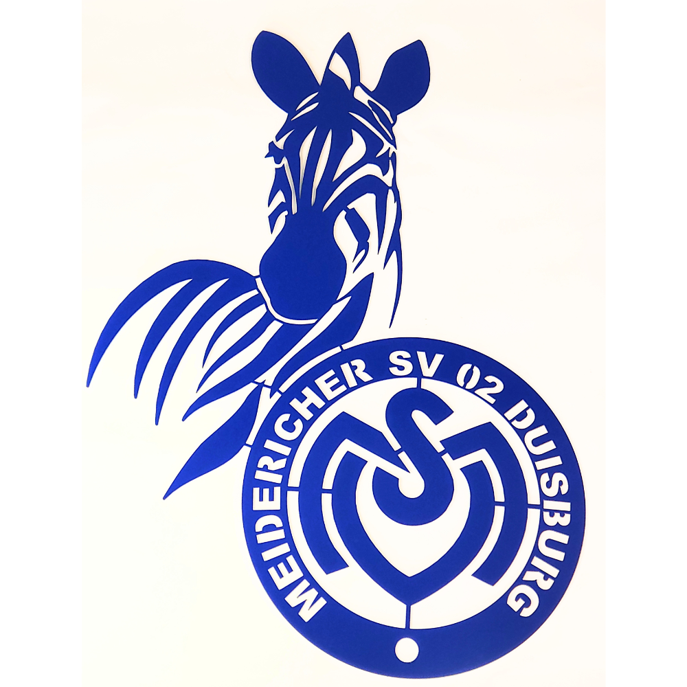 MSV Logo in Konturenform. Hergestellt aus einem hochwertigen Stahlblech und in Blau pulverbeschichtet. Für den Innenbereich.