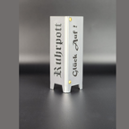 Teelicht Oberhausen aus Metall. Schriftzug Ruhrpott und Schriftzug Glück auf in brillant silber pulverbeschichtet