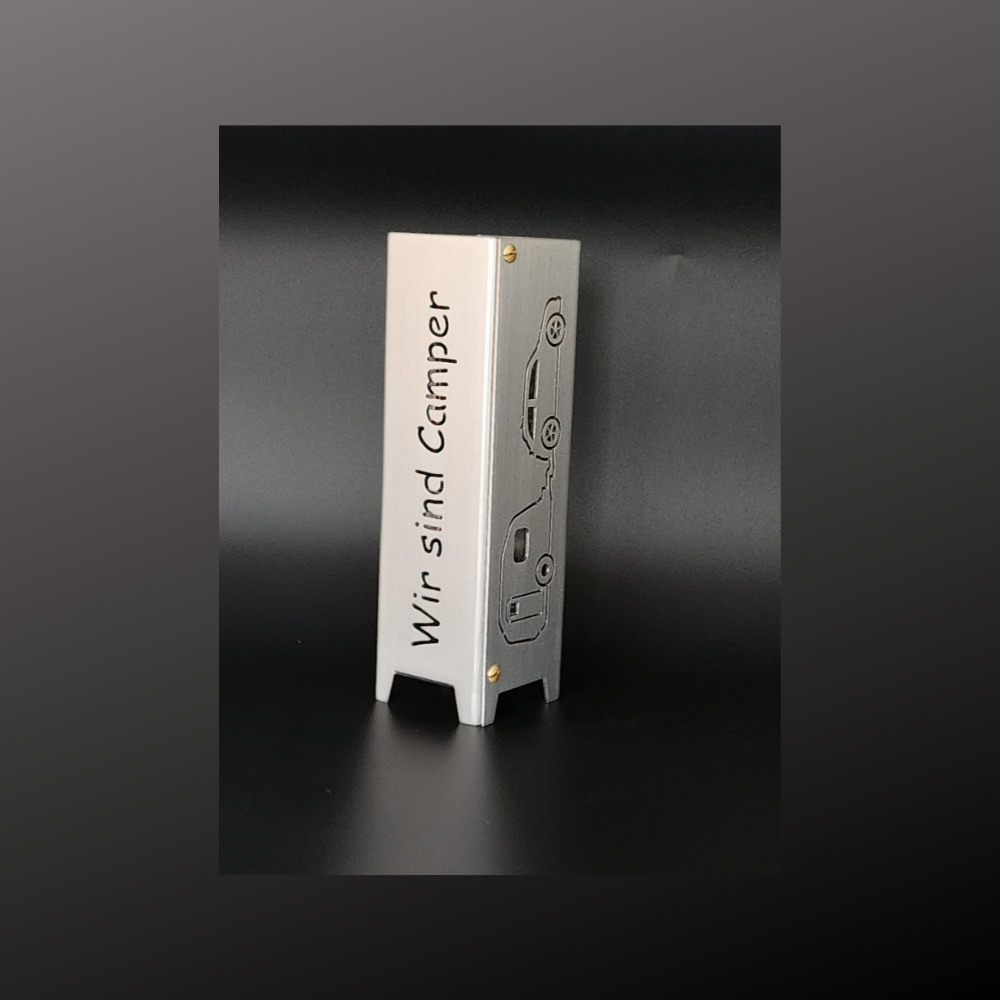 Teelicht aus Stahl gefertigt für das Reisen geeignet mit Schriftzug Wir sind Camper