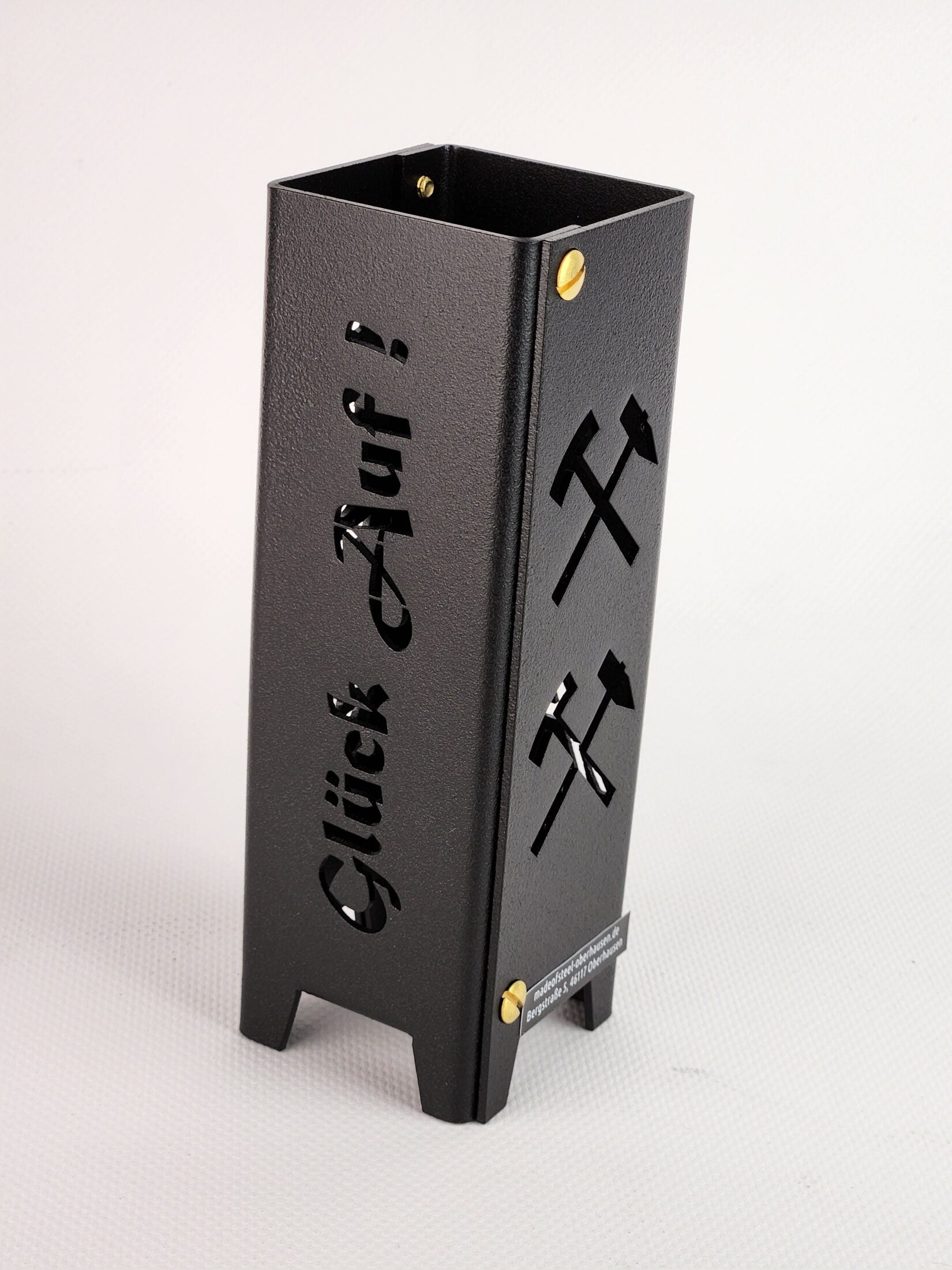 Teelicht Bottrop mit Schriftzug Glück auf zwei Symbole untereinander Eisen Schlägel aus Metall in schwarz matt feinstruktur pulverbeschichtet