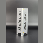 Teelicht Essen aus Metall in brillant silber pulverbeschichtet. Schriftzug Essen auf einer Seite und auf der zweiten Seite Schriftzug Ruhrpott.