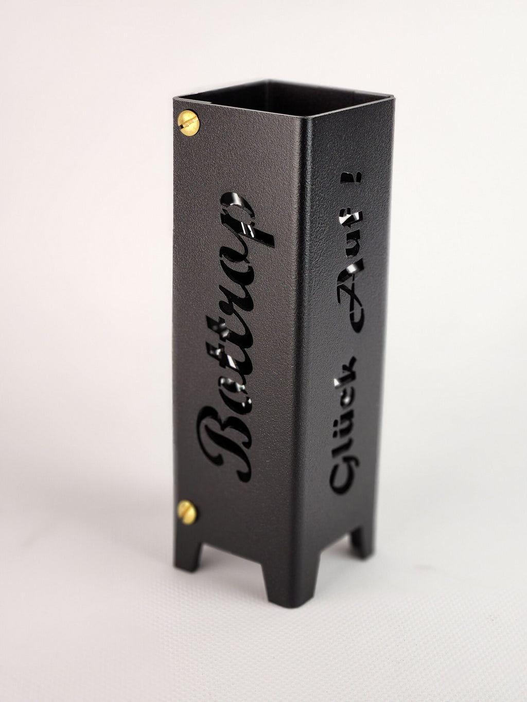 Teelicht Bottrop aus Metall Schriftzug Bottrop und Schriftzug Glück auf in schwarz matt feinstruktur pulverbeschichtet