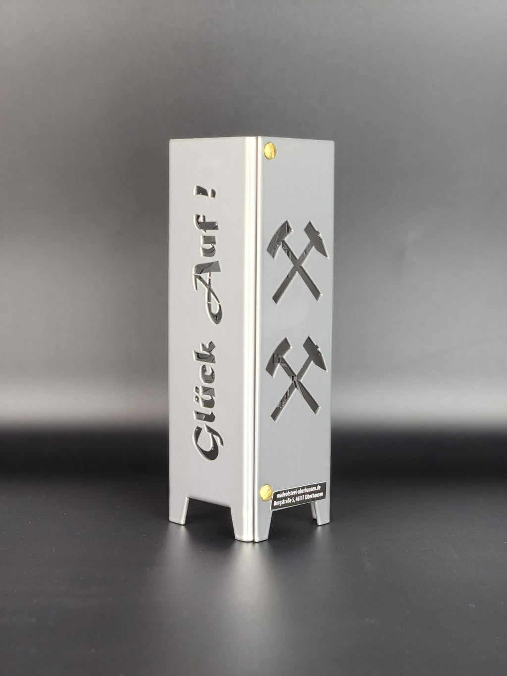 Teelicht Bottrop aus Metall mit Schriftzug Glück auf und Symbol Eisen Schlägel in Brilliant silber pulverbeschichtet