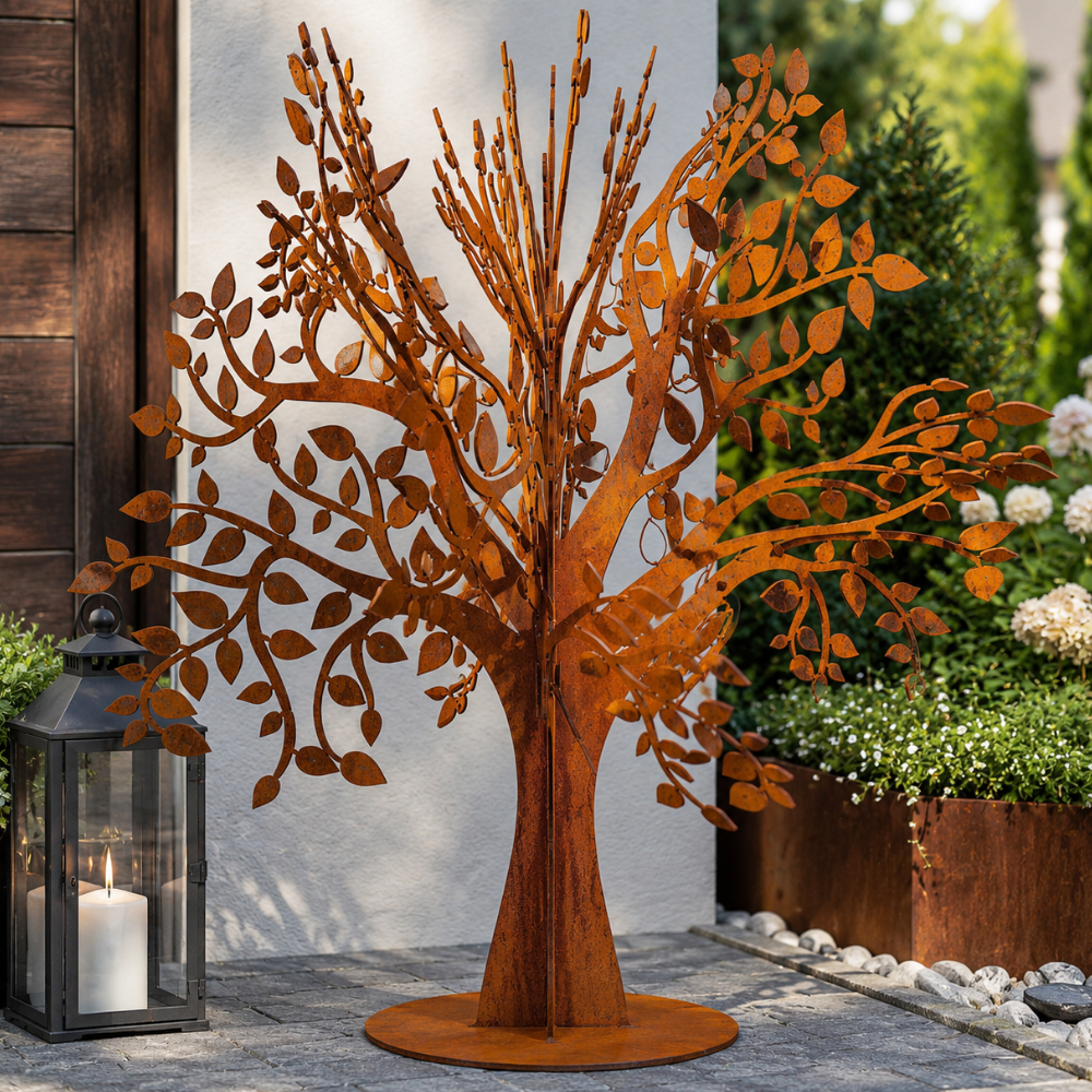 Baum aus Metall in Rostoptik von Made of Steel – dekorative Gartendeko aus Stahl für Garten, Terrasse und Außenbereich