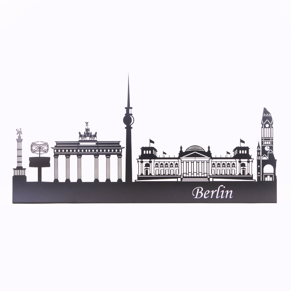 Berlin Skyline aus Metall in Schwarz matt mit Brandenburger Tor, Fernsehturm und Berliner Wahrzeichen