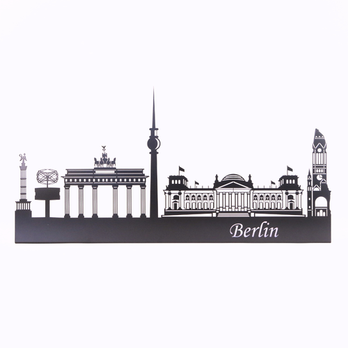 Berlin Skyline aus Metall in Schwarz matt mit Brandenburger Tor, Fernsehturm und Berliner Wahrzeichen