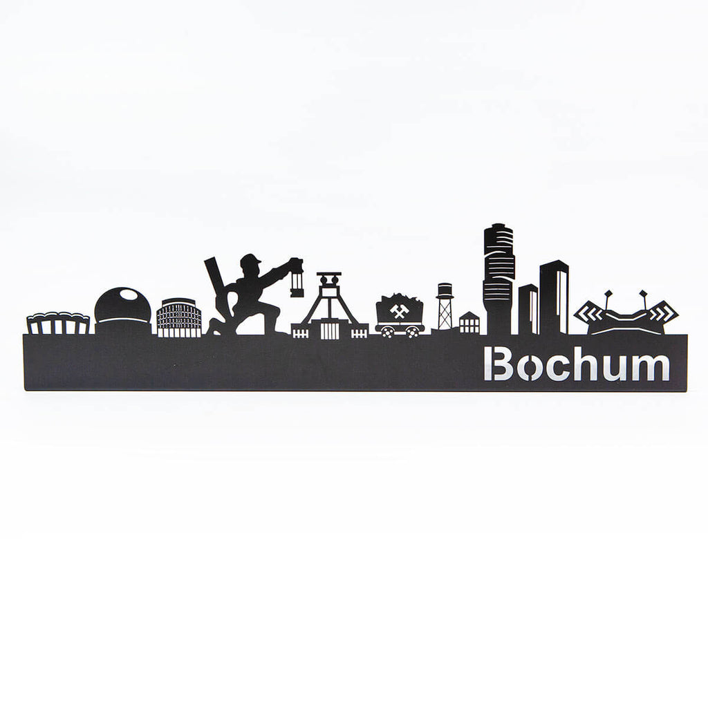 Bochum Skyline aus Metall in Schwarz matt mit bekannten Wahrzeichen als Wanddekoration