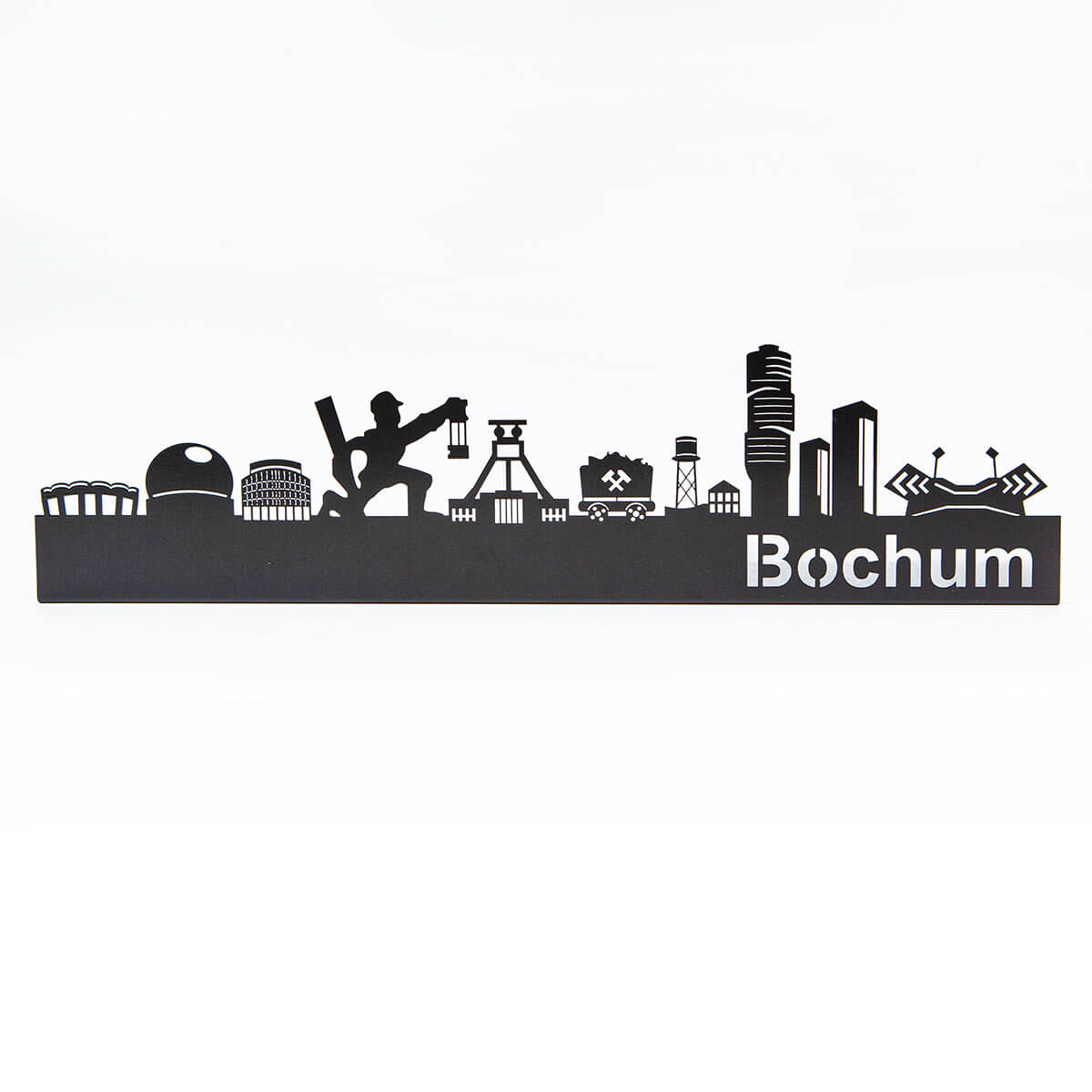 Bochum Skyline aus Metall in Schwarz matt mit bekannten Wahrzeichen als Wanddekoration