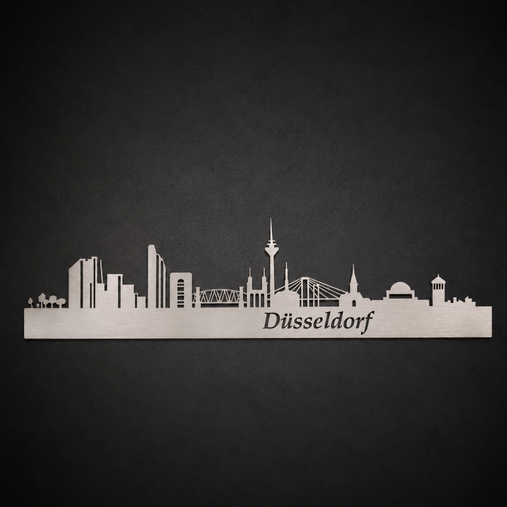 Düsseldorf Skyline aus Metall als moderne Wanddekoration, erhältlich in Edelstahl oder Schwarz matt