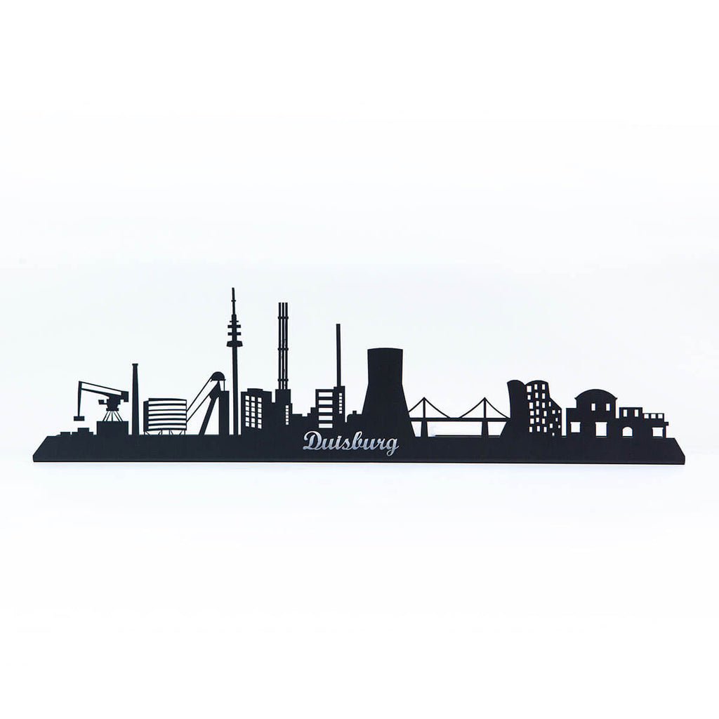 Duisburg Skyline aus Metall mit Schriftzug Duisburg als schwarze Wanddekoration, handgefertigt von Made of Steel
