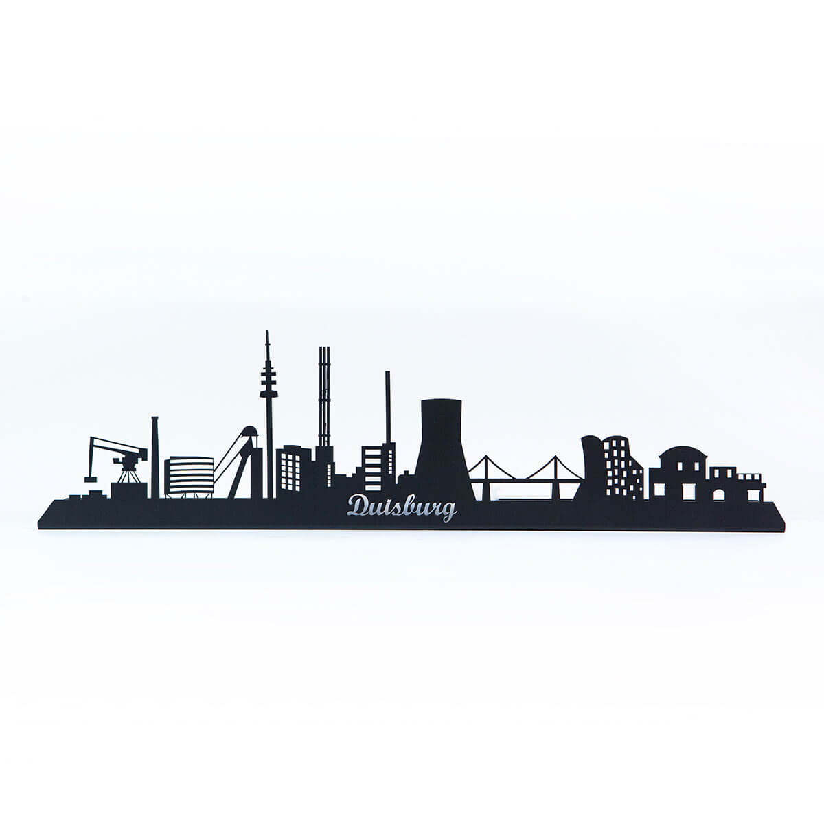 Duisburg Skyline aus Metall mit Schriftzug Duisburg als schwarze Wanddekoration, handgefertigt von Made of Steel