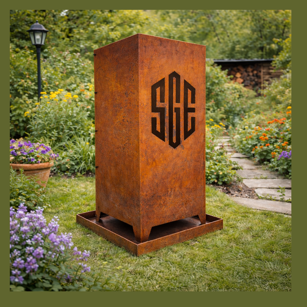 intracht Frankfurt Feuersäule aus Stahl mit SGE-Schriftzug. Rostpatina