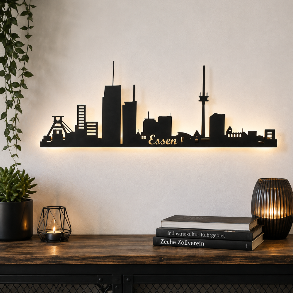 Essen Skyline mit indirekter LED-Hintergrundbeleuchtung an einer hellen Wand