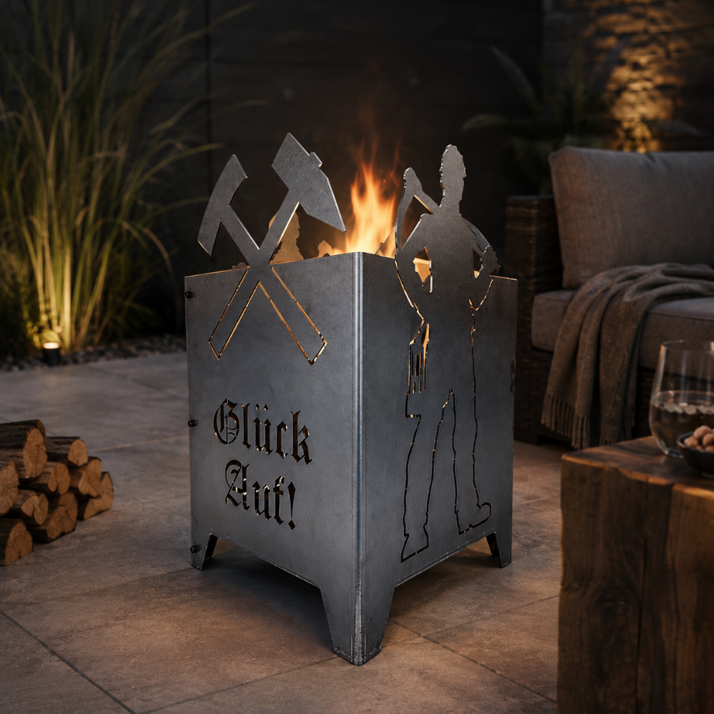 Feuersäule Bergmann als Feuerstelle im Garten mit überstehenden Motiven Eisen und Schlägel und Bergmann.