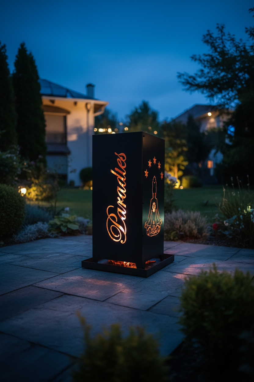 Feuersäule Chillout mit Buddha-Motiv als Feuerstelle im Garten