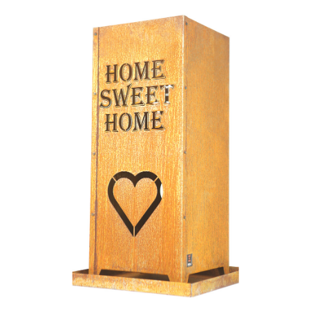 Feuersäule Home Sweet Home aus Stahl mit ausgelasertem Schriftzug