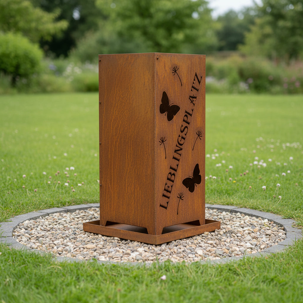 Feuersäule Lieblingsplatz aus Stahl mit Pusteblume und Schmetterlingen- Rostpatina-dekoriert