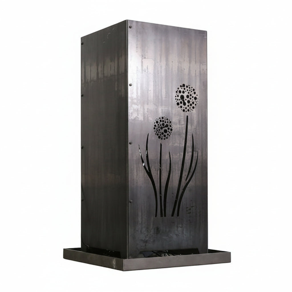 Feuersäule Pusteblume aus Stahl mit ausgelasertem Pusteblumen-Motiv