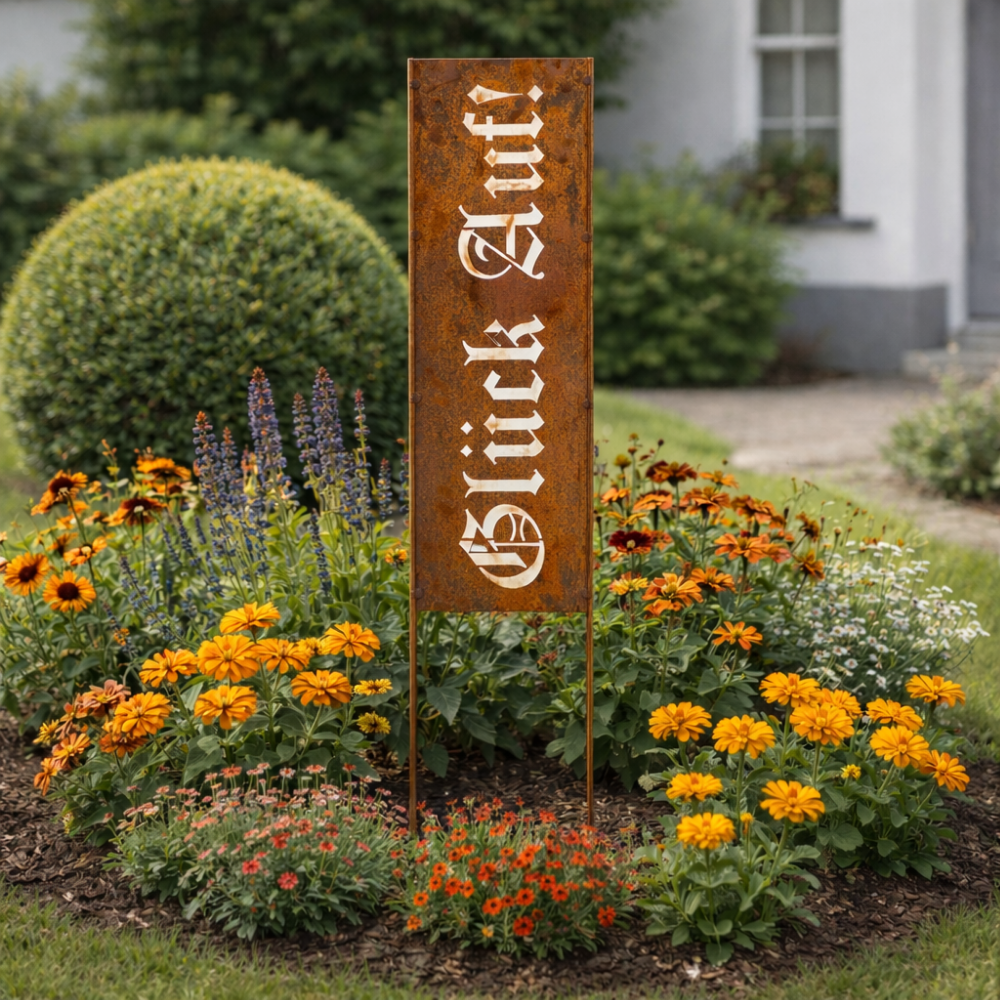 Gartenstecker aus Stahl 995 mm mit natürlicher Rostpatina als Gartendekoration. Glück auf Schriftzug.