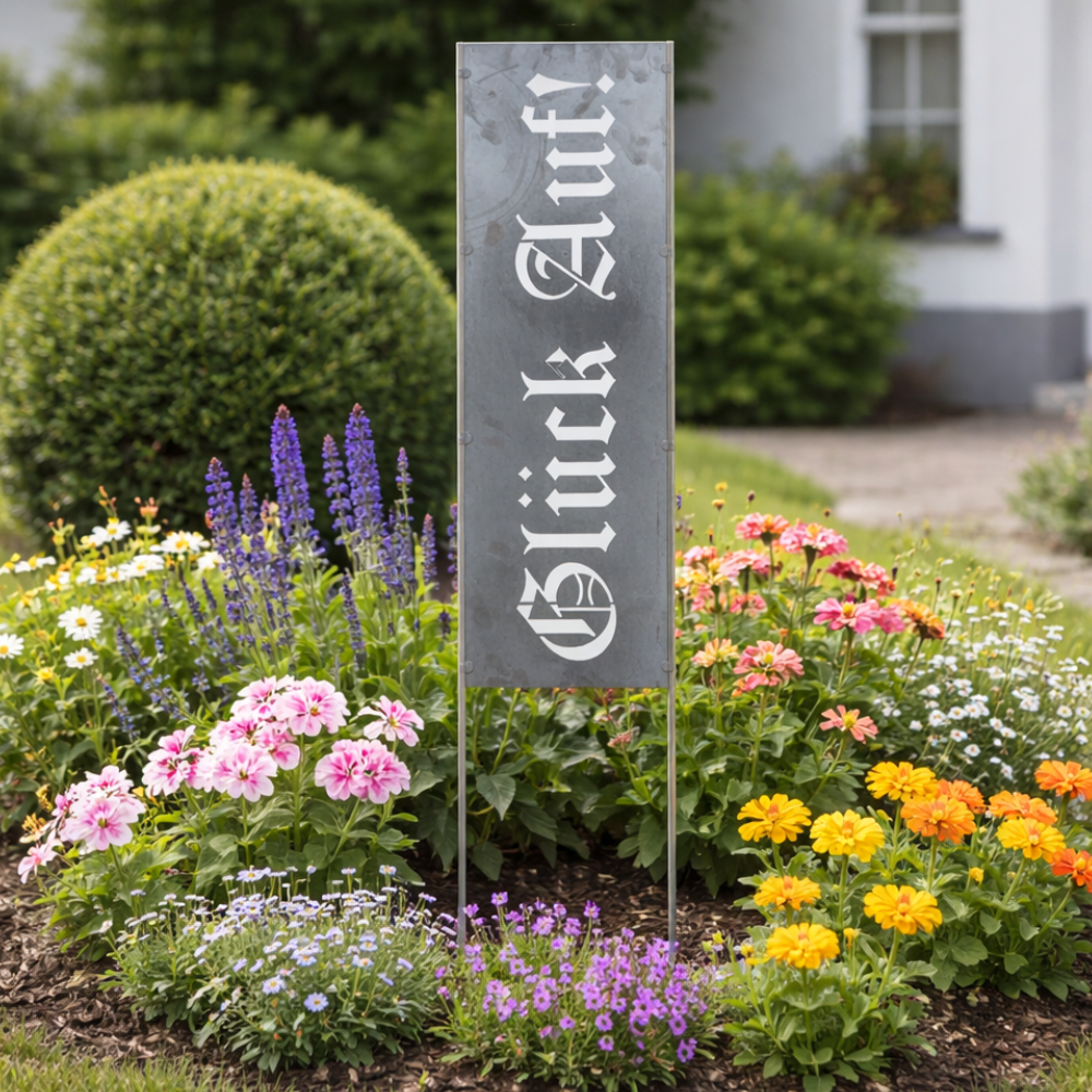 Gartenstecker aus Stahl 995 mm mit natürlicher Rostpatina als Gartendekoration. Auslieferung Stahl natur Glück auf