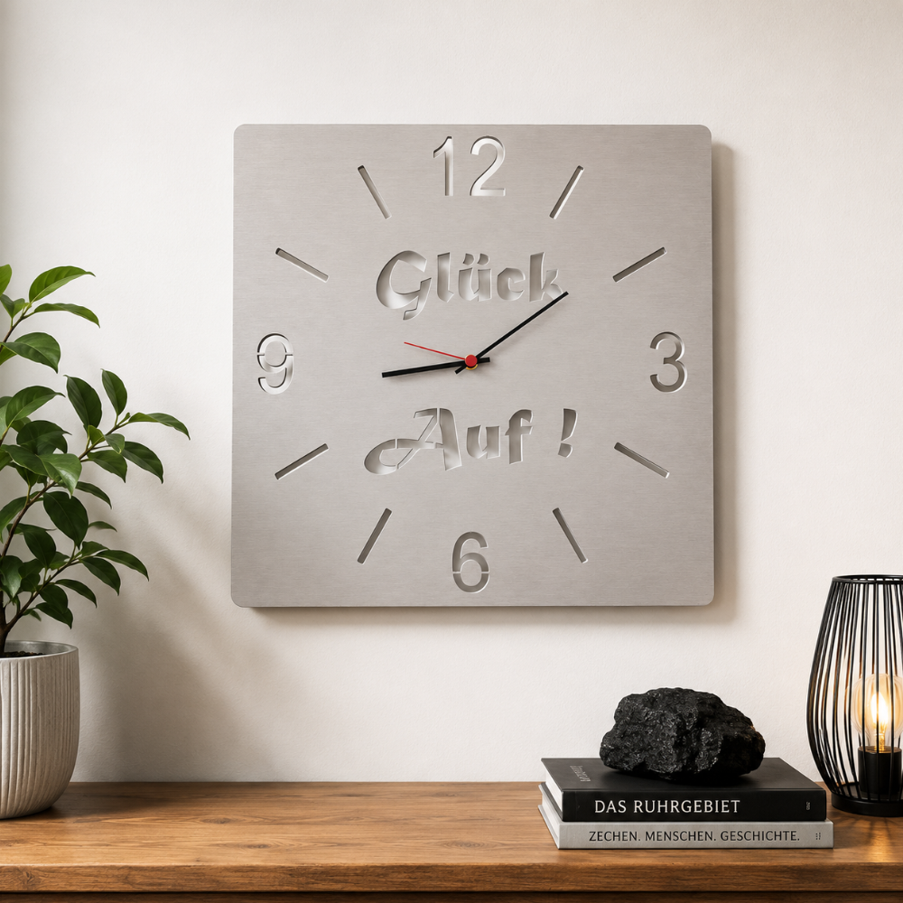 Glück auf Wanduhr aus Edelstahl 400 x 400 mm