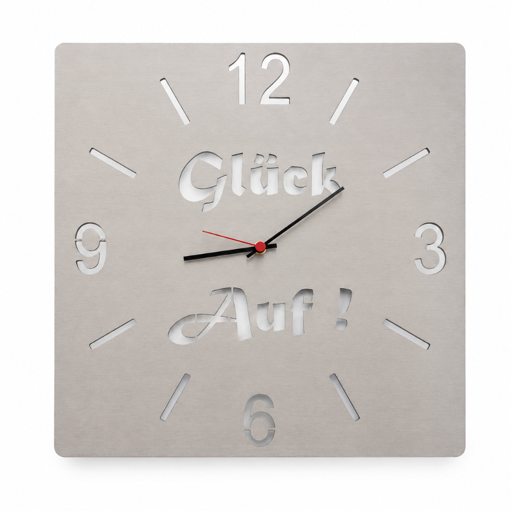 Glück auf Wanduhr aus geschliffenem Edelstahl