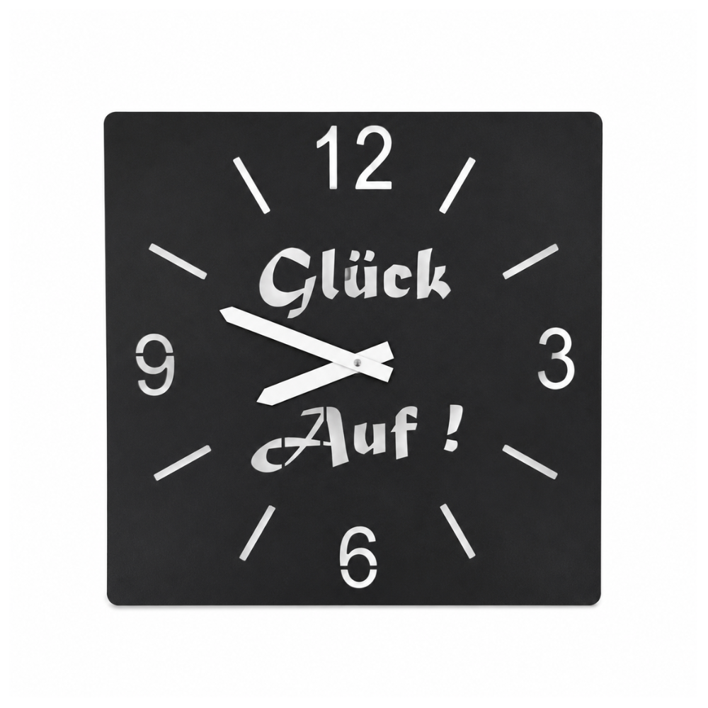 Glück auf Wanduhr aus Edelstahl schwarz matt pulverbeschichtet