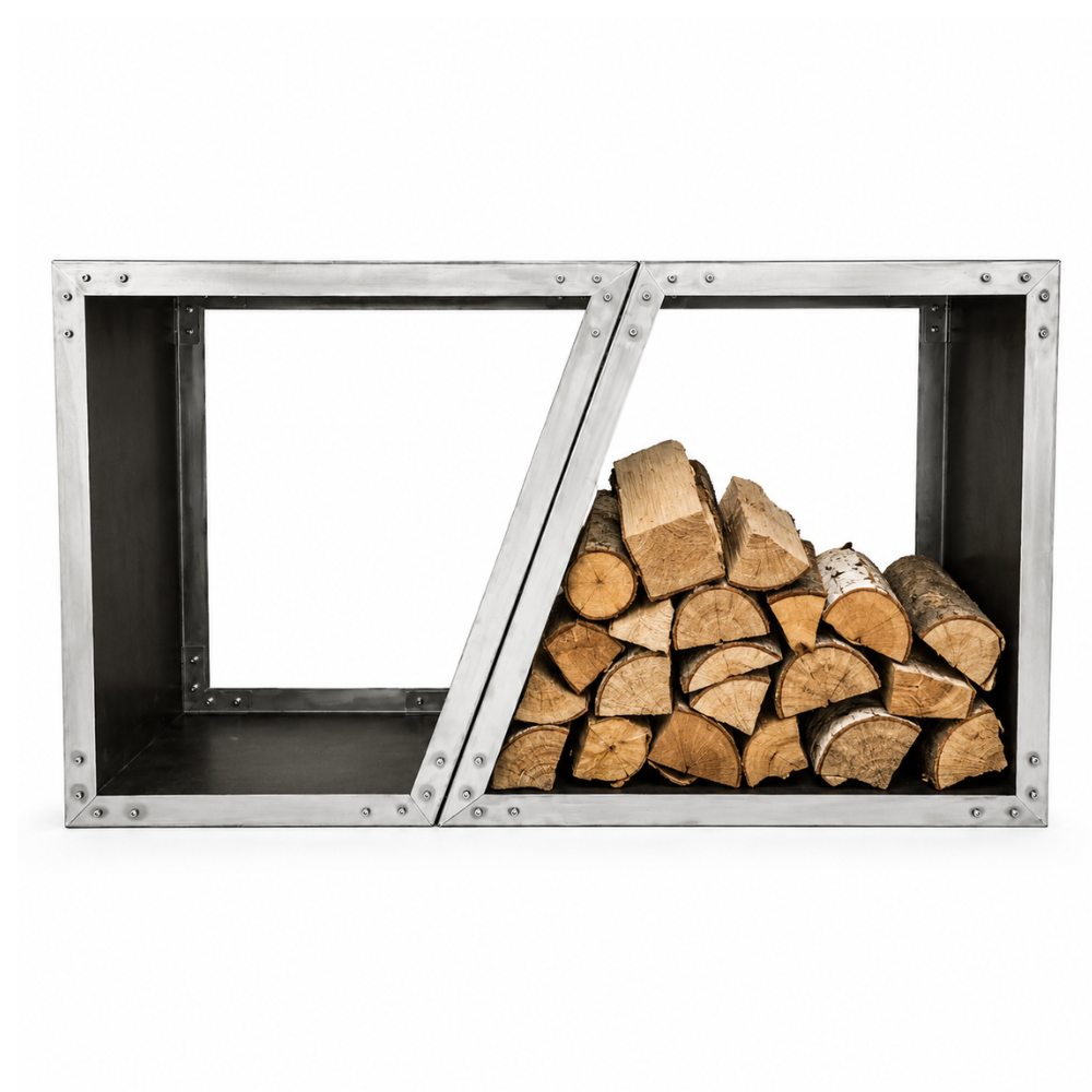 Zwei kombinierte Holzstapler aus Stahl als Brennholzregal