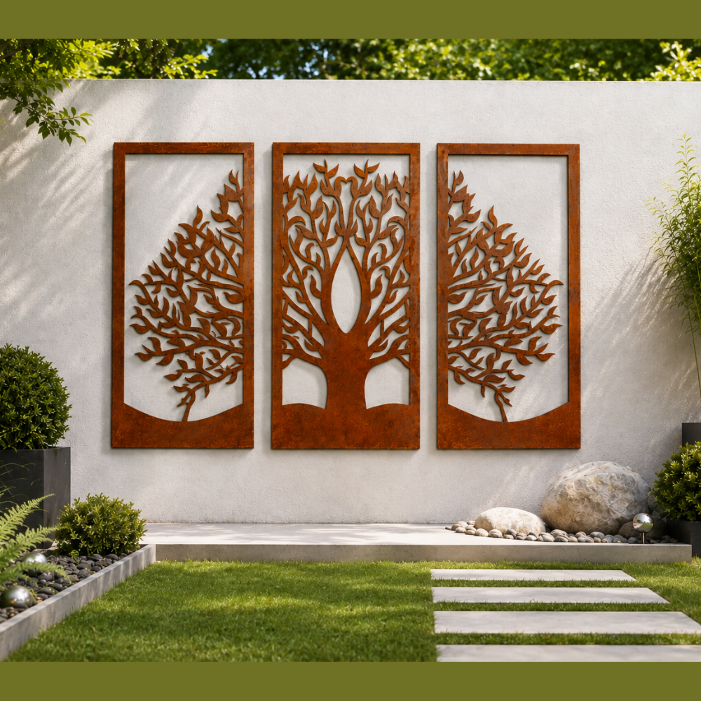 3-teiliger XXL Lebensbaum aus Metall mit Rostpatina als Outdoor Wanddekoration für Garten und Terrasse