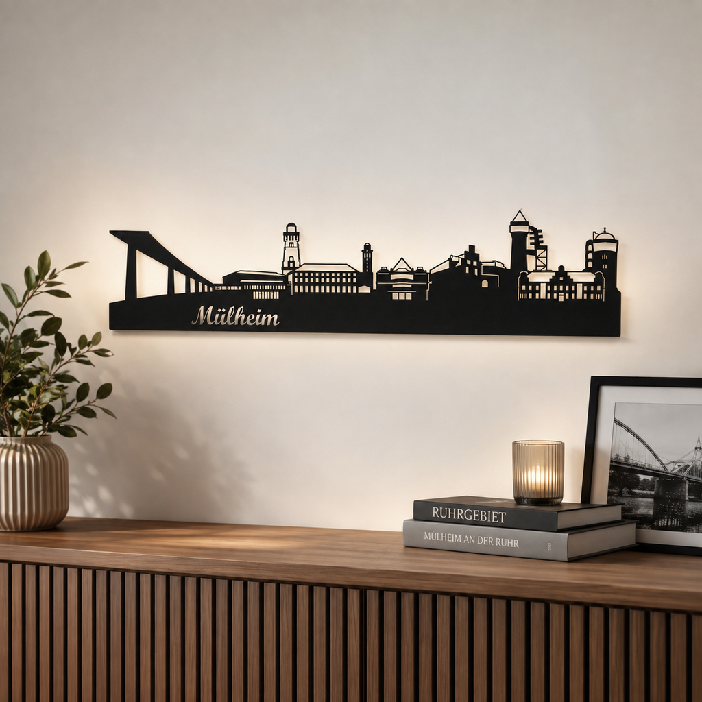 Mülheim Skyline an der Wand mit indirekter LED-Hintergrundbeleuchtung