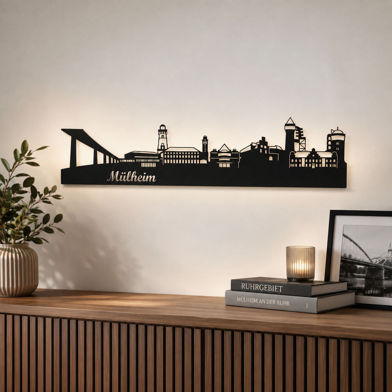 Mülheim Skyline an der Wand mit indirekter LED-Hintergrundbeleuchtung