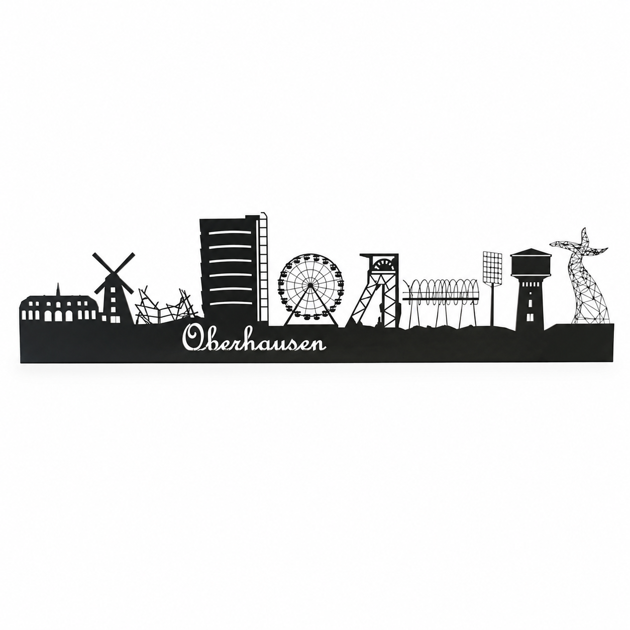 Oberhausen Skyline aus Metall mit Zauberlehrling als Wanddekoration, schwarz matt pulverbeschichtet