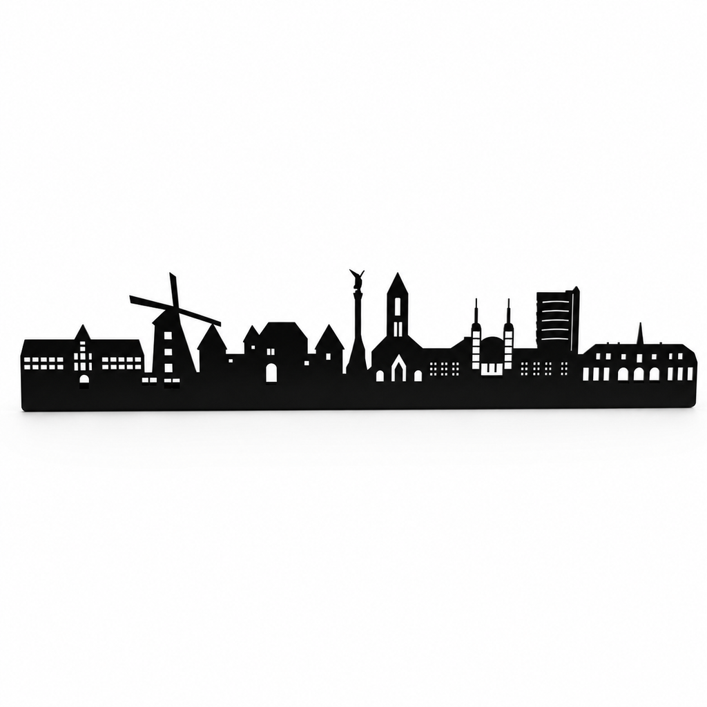 Oberhausen Skyline aus Metall mit Baumeister-Mühle als Wanddeko, schwarz matt pulverbeschichtet