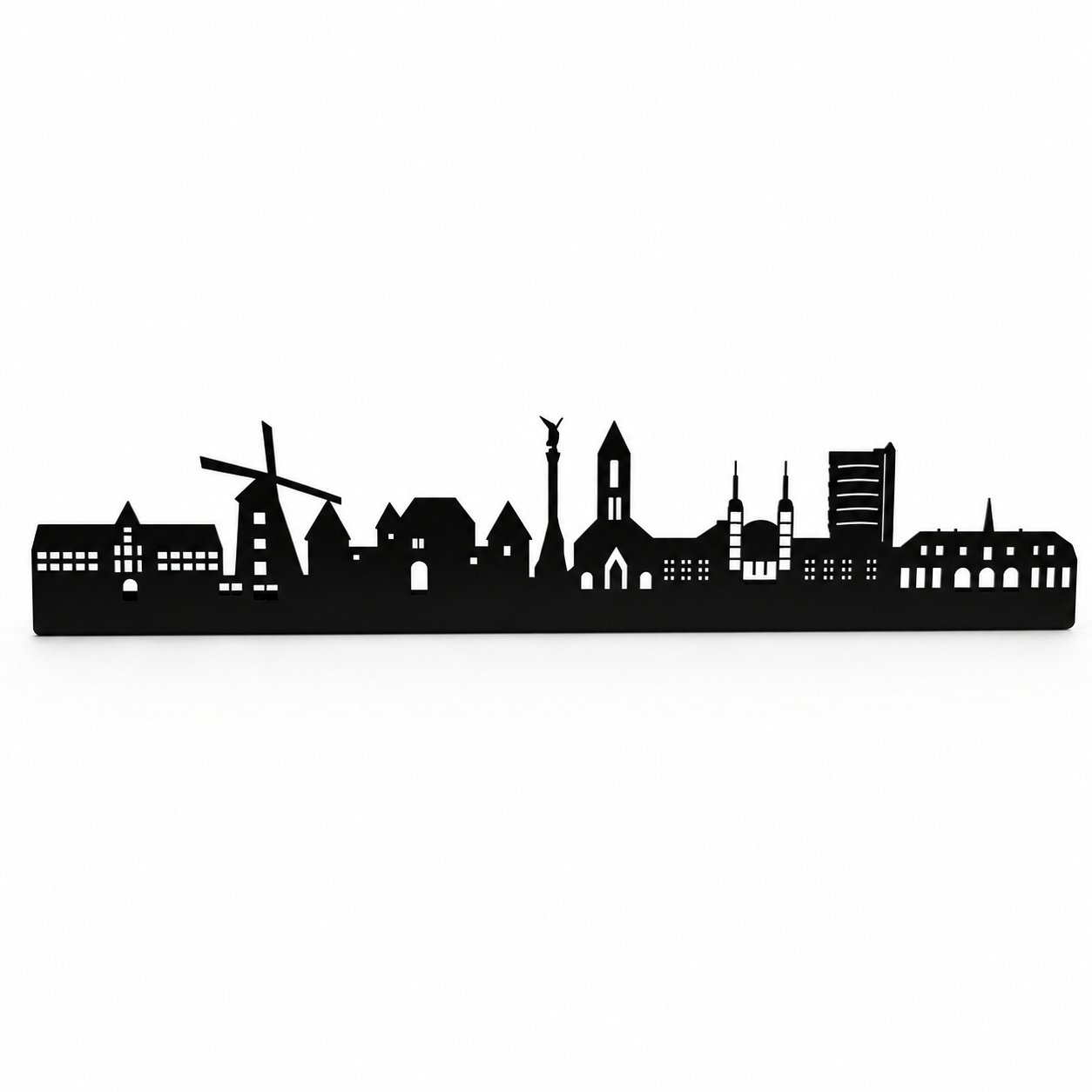 Oberhausen Skyline aus Metall mit Baumeister-Mühle als Wanddeko, schwarz matt pulverbeschichtet