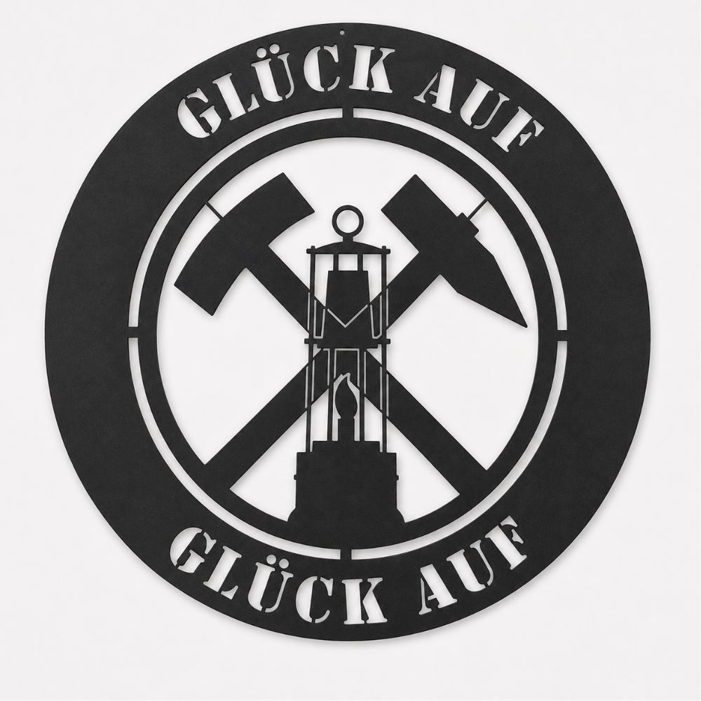 Ruhrpott Schild Glück auf mit Grubenlampe aus Metall Ø 300 mm. schwarz matt pulverbeschichtet
