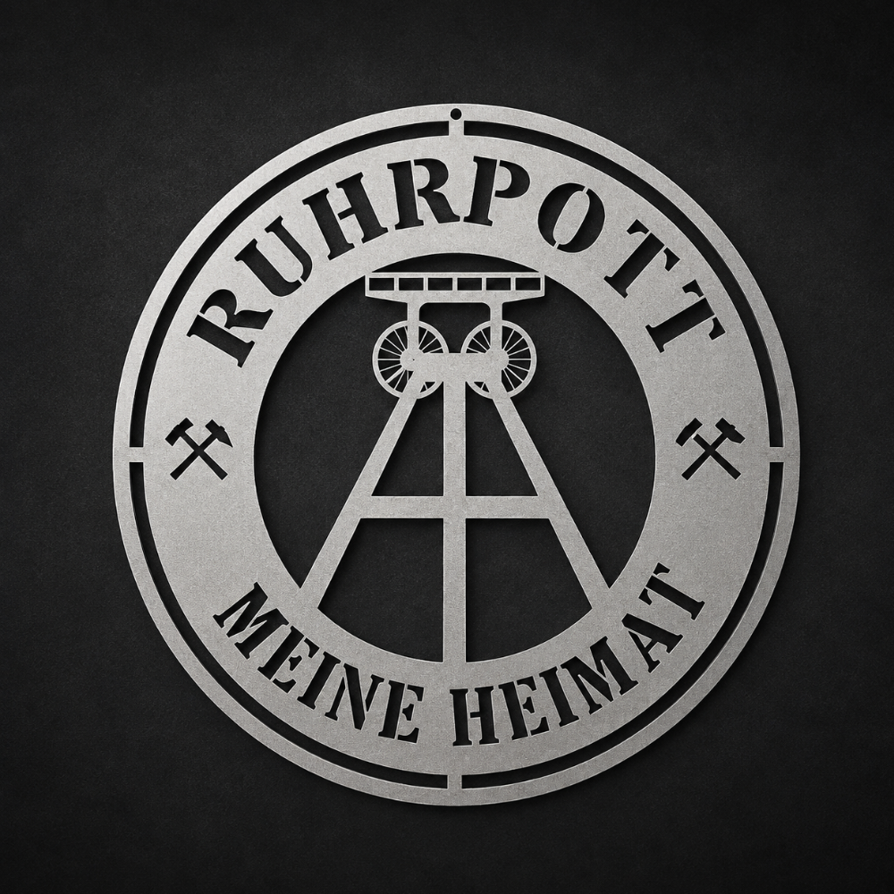 Ruhrpott Schild Meine Heimat aus Metall Ø 488 mm als Wanddeko. brillant silber pulverbeschichtet