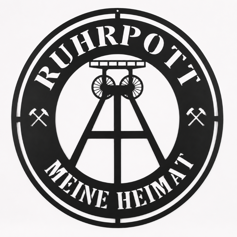 Ruhrpott Schild Meine Heimat aus Metall Ø 488 mm als Wanddeko. schwarz matt pulverbeschichtet