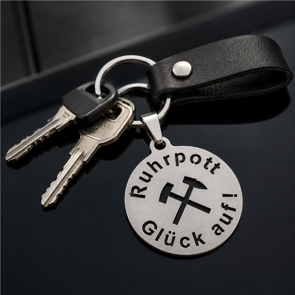 Ruhrpott Schlüsselanhänger aus Edelstahl mit Schriftzug Ruhrpott und Glück auf von Made of Steel – Geschenkidee für Ruhrgebiet Fans