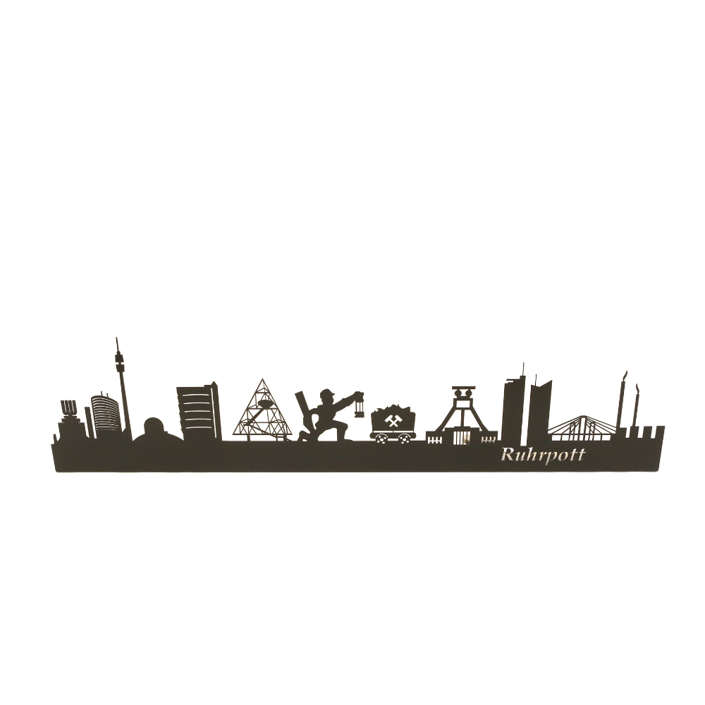 Ruhrpott Skyline aus Metall in Schwarz matt mit Wahrzeichen des Ruhrgebiets als Wanddekoration