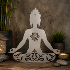 Tara Lotus aus geschliffenem Edelstahl mit Lotusblüte und Ornamenten als Dekoration zum Aufstellen