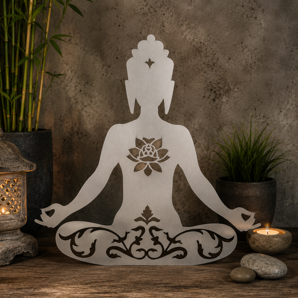 Tara Lotus aus geschliffenem Edelstahl mit Lotusblüte und Ornamenten als Dekoration zum Aufstellen