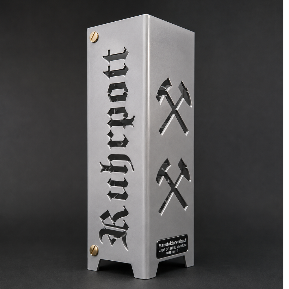 Ruhrpott Teelicht aus Metall von Made of Steel mit Glück auf und Bergbau-Motiven – Geschenkidee und Dekoration für Ruhrgebiet Fans. Brillant silber pulverbeschichtet