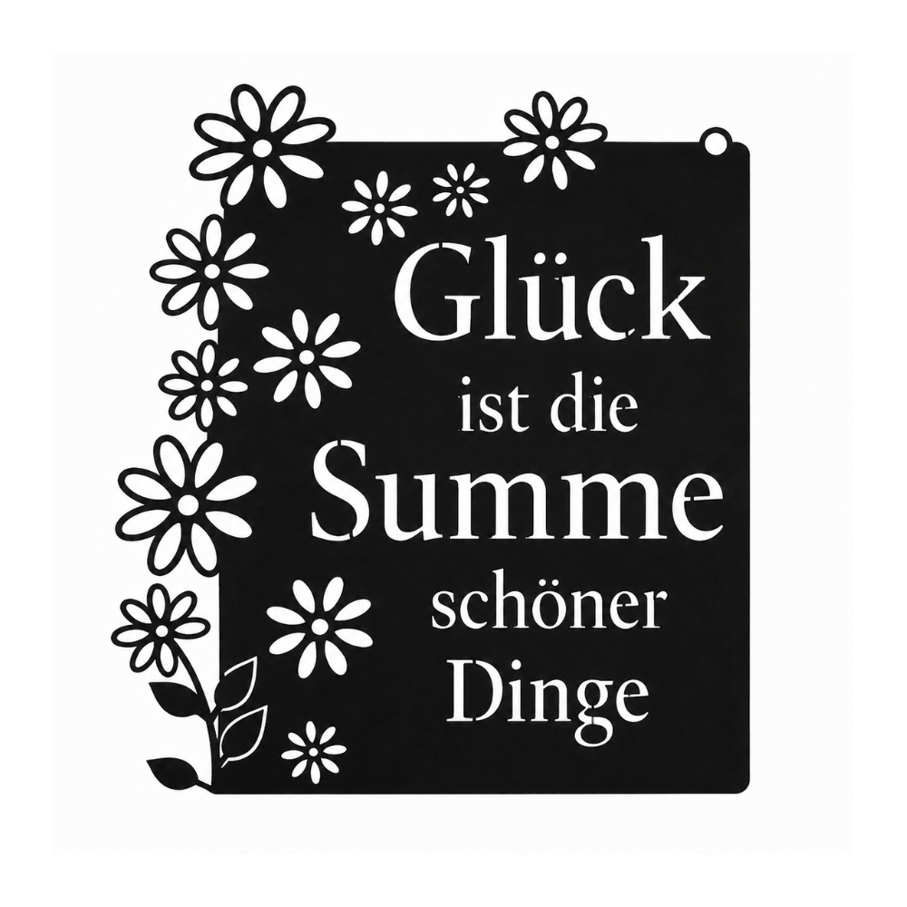 Wandschild aus Metall „Glück ist die Summe schöner Dinge“ in Schwarz matt
