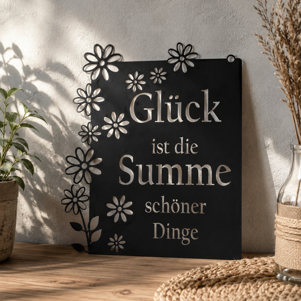 Wandschild aus Metall „Glück ist die Summe schöner Dinge“ in Schwarz matt