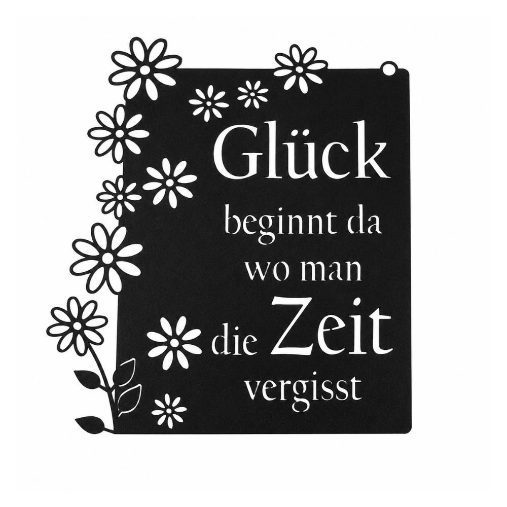 Schwarzes Wandschild aus Metall „Glück beginnt da, wo man die Zeit vergisst“
