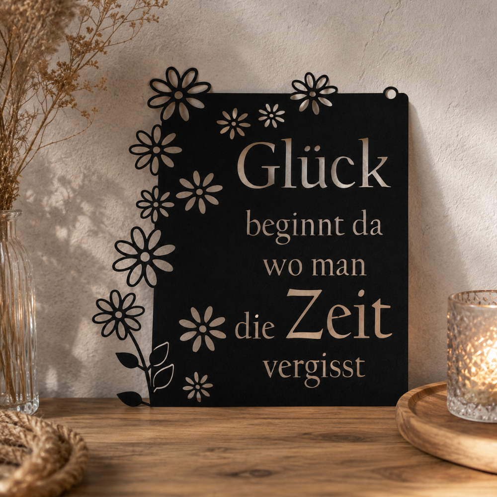 Schwarzes Wandschild aus Metall „Glück beginnt da, wo man die Zeit vergisst“